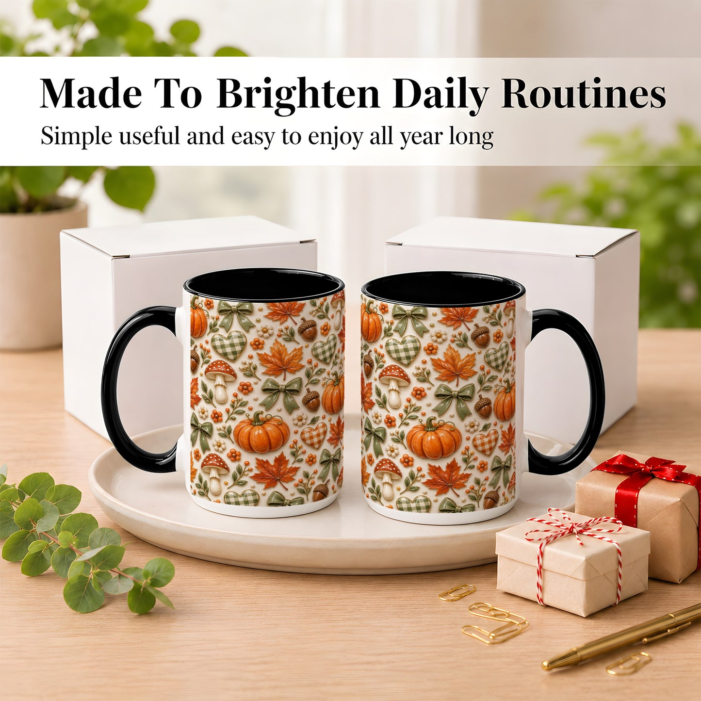 #pl[15oz|Black] Harvest Pumpkin Coffee Mug, Maple Bow Mug, Ceramic Cup