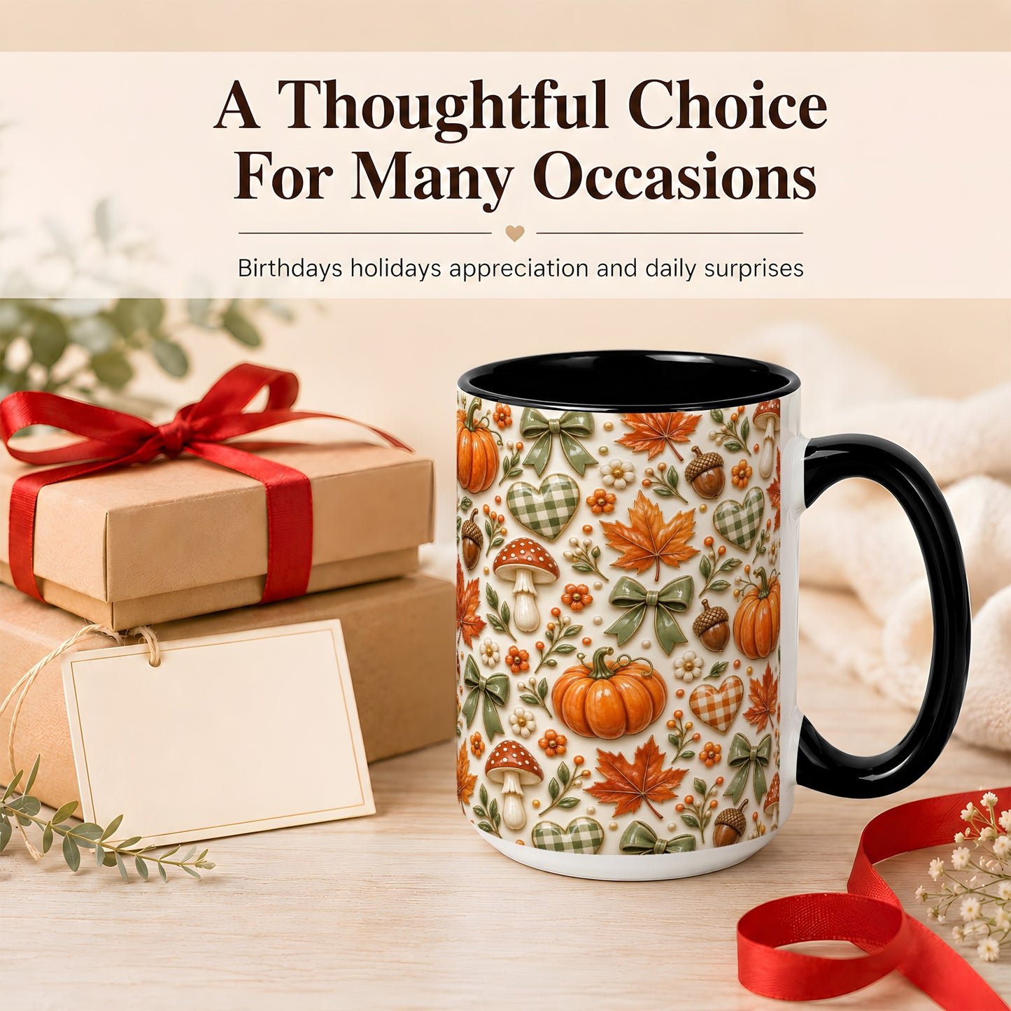 #pl[15oz|Black] Harvest Pumpkin Coffee Mug, Maple Bow Mug, Ceramic Cup