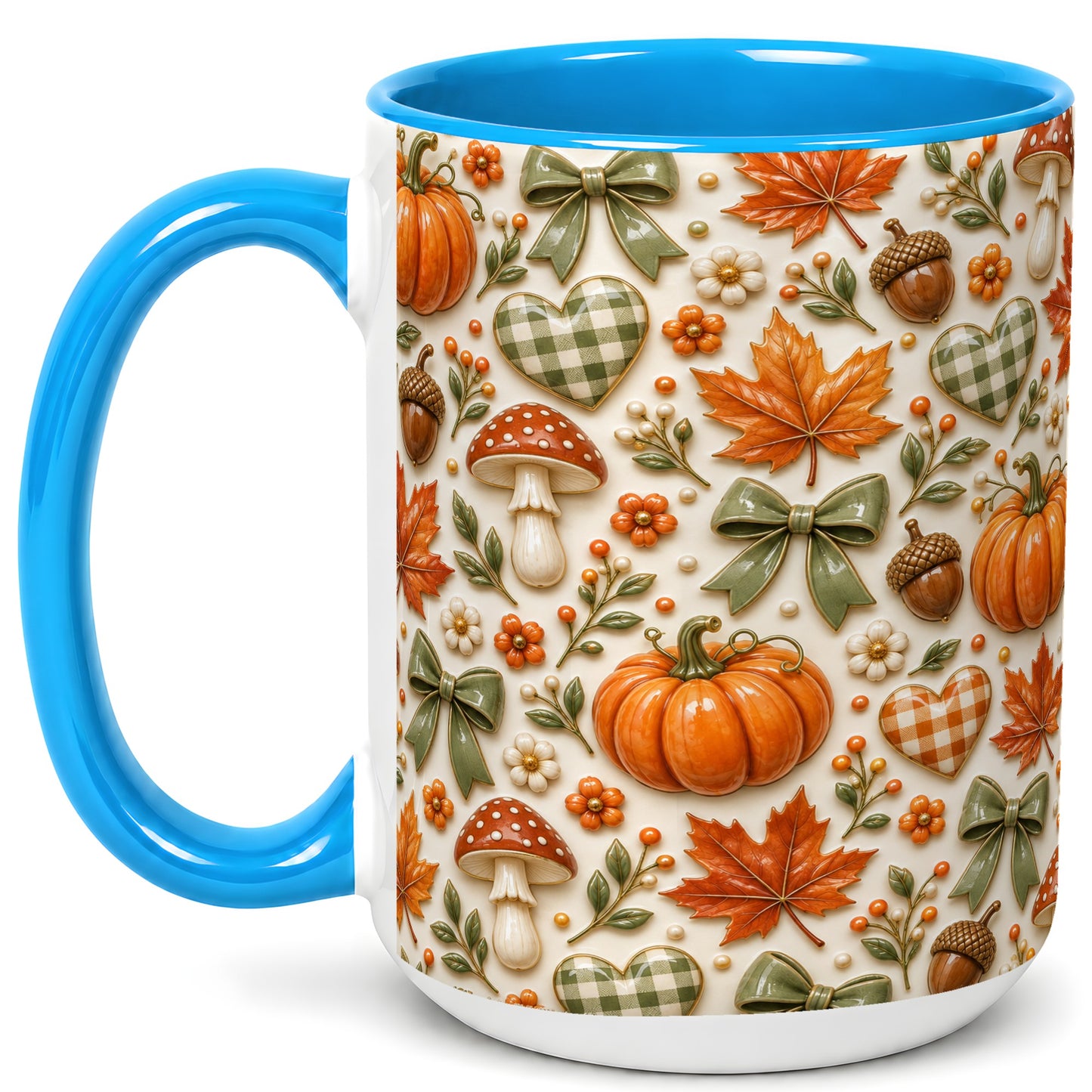 #pl[15oz|Blue] Harvest Pumpkin Coffee Mug, Maple Bow Mug, Ceramic Cup