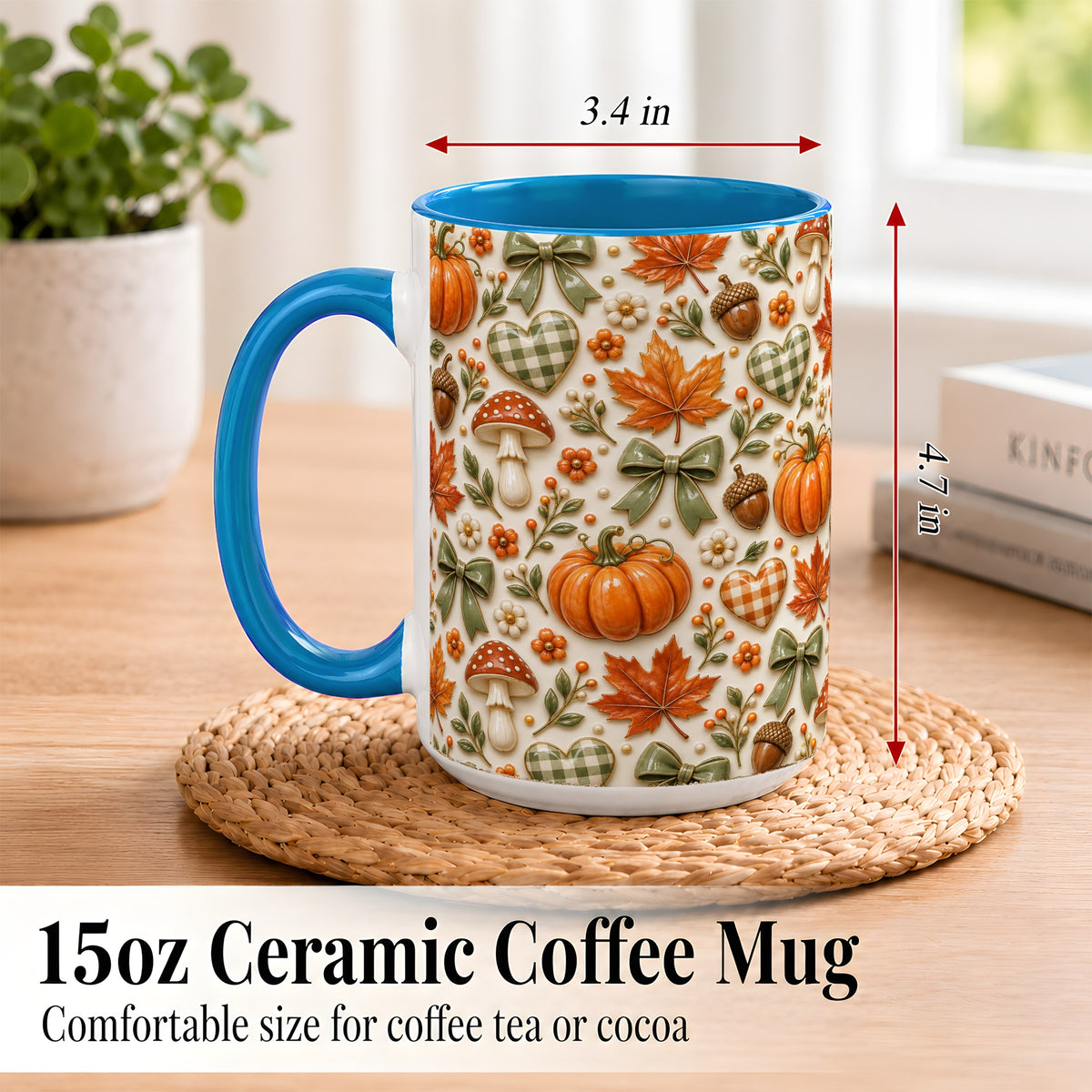 #pl[15oz|Blue] Harvest Pumpkin Coffee Mug, Maple Bow Mug, Ceramic Cup