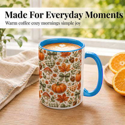 #pl[15oz|Blue] Harvest Pumpkin Coffee Mug, Maple Bow Mug, Ceramic Cup