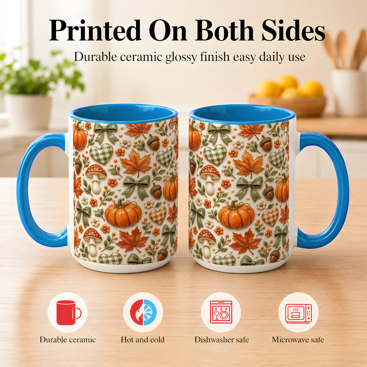 #pl[15oz|Blue] Harvest Pumpkin Coffee Mug, Maple Bow Mug, Ceramic Cup