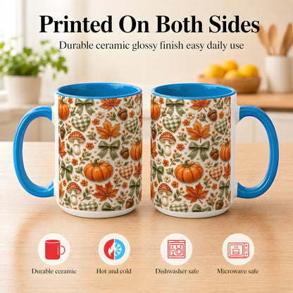 #pl[15oz|Blue] Harvest Pumpkin Coffee Mug, Maple Bow Mug, Ceramic Cup