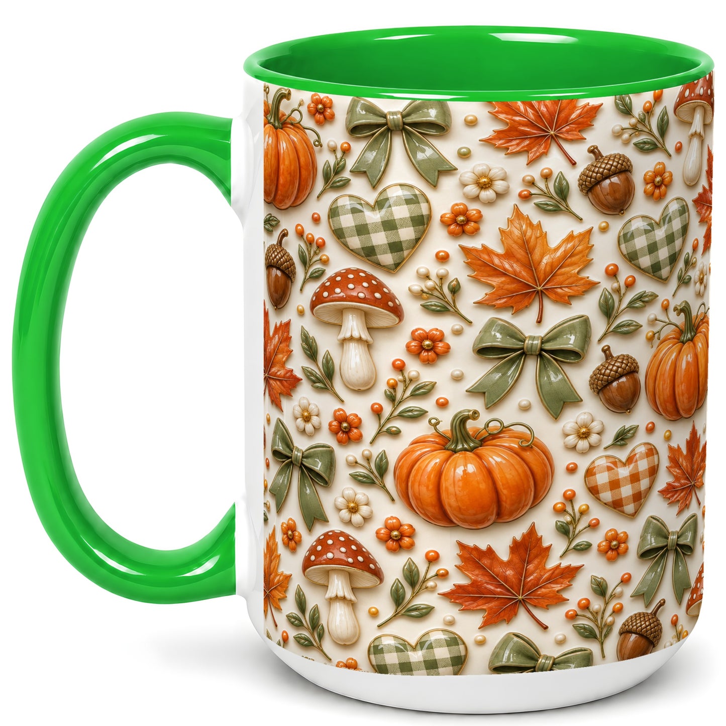 #pl[15oz|Green] Harvest Pumpkin Coffee Mug, Maple Bow Mug, Ceramic Cup
