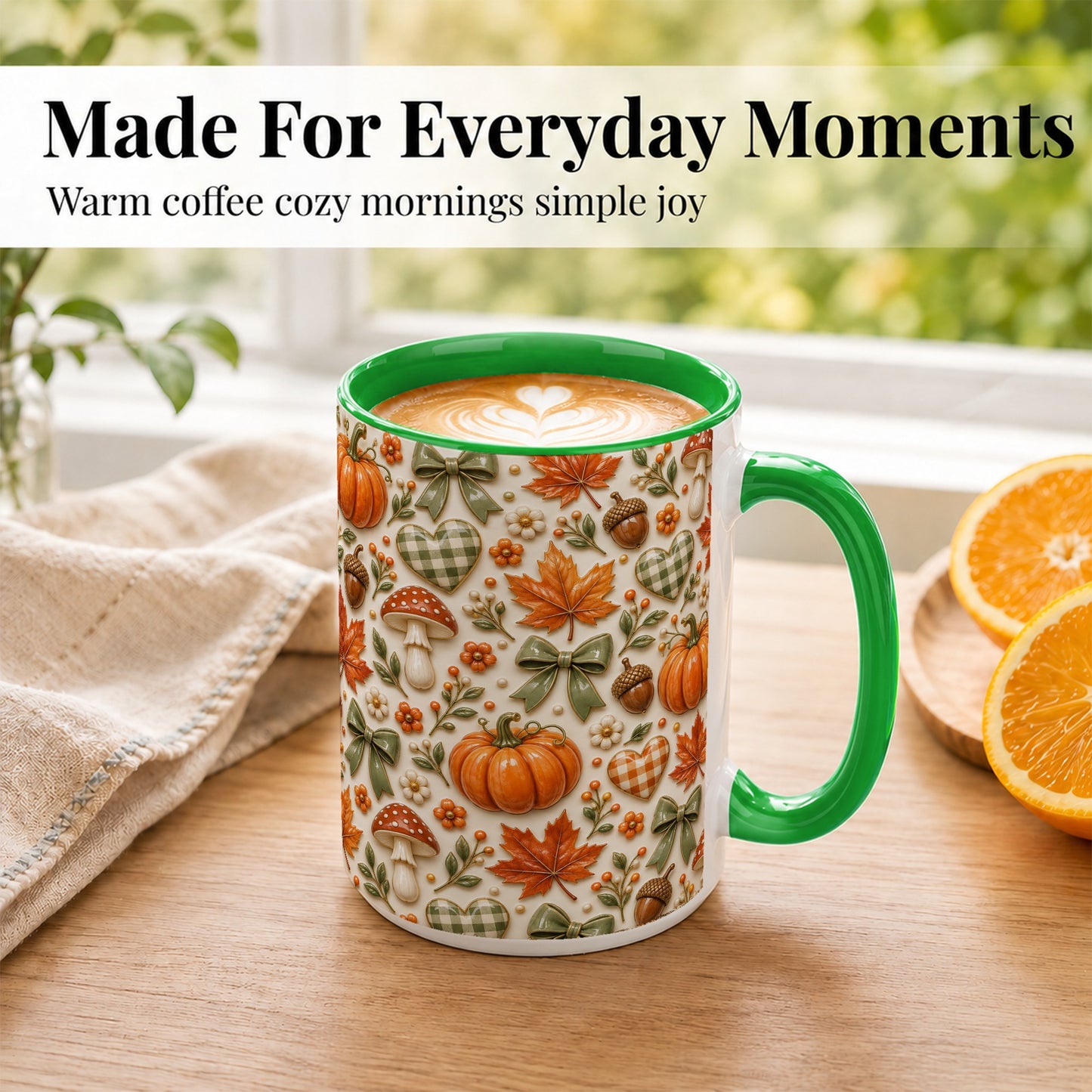 #pl[15oz|Green] Harvest Pumpkin Coffee Mug, Maple Bow Mug, Ceramic Cup
