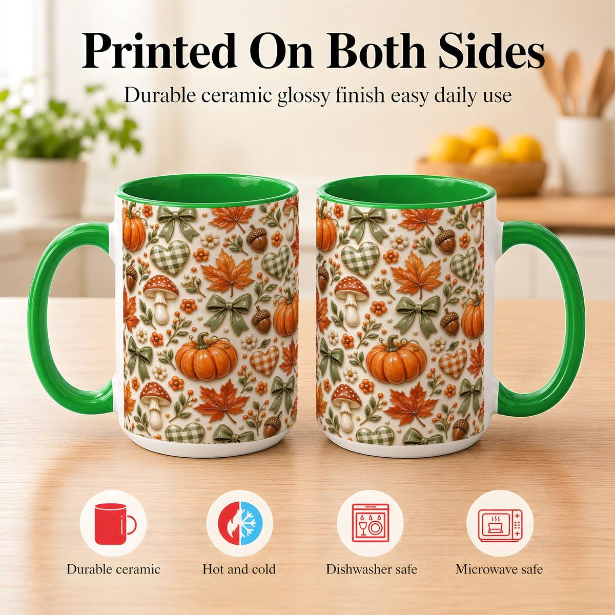 #pl[15oz|Green] Harvest Pumpkin Coffee Mug, Maple Bow Mug, Ceramic Cup