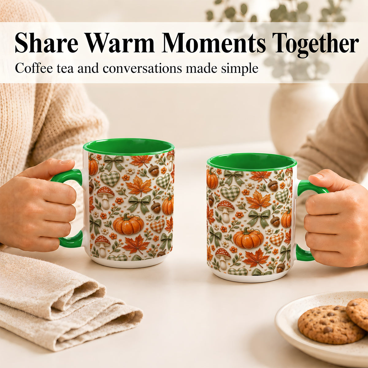 #pl[15oz|Green] Harvest Pumpkin Coffee Mug, Maple Bow Mug, Ceramic Cup