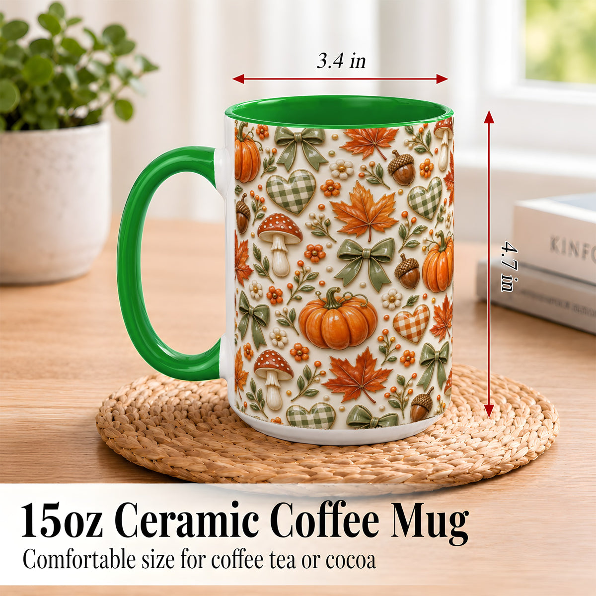 #pl[15oz|Green] Harvest Pumpkin Coffee Mug, Maple Bow Mug, Ceramic Cup