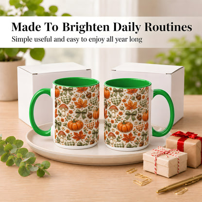 #pl[15oz|Green] Harvest Pumpkin Coffee Mug, Maple Bow Mug, Ceramic Cup