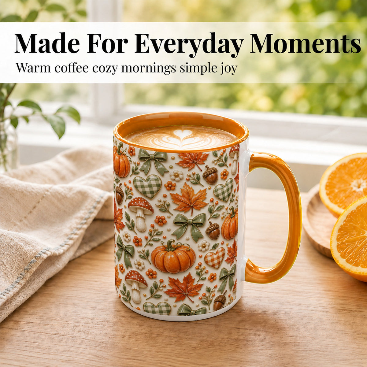 #pl[15oz|Orange] Harvest Pumpkin Coffee Mug, Maple Bow Mug, Ceramic Cup