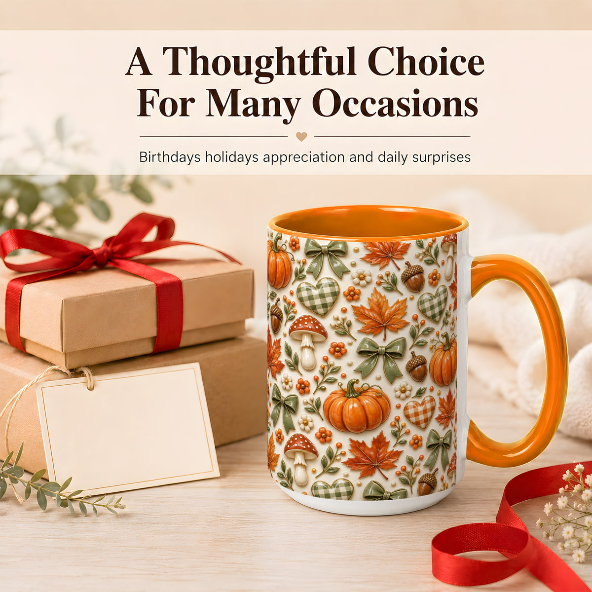 #pl[15oz|Orange] Harvest Pumpkin Coffee Mug, Maple Bow Mug, Ceramic Cup