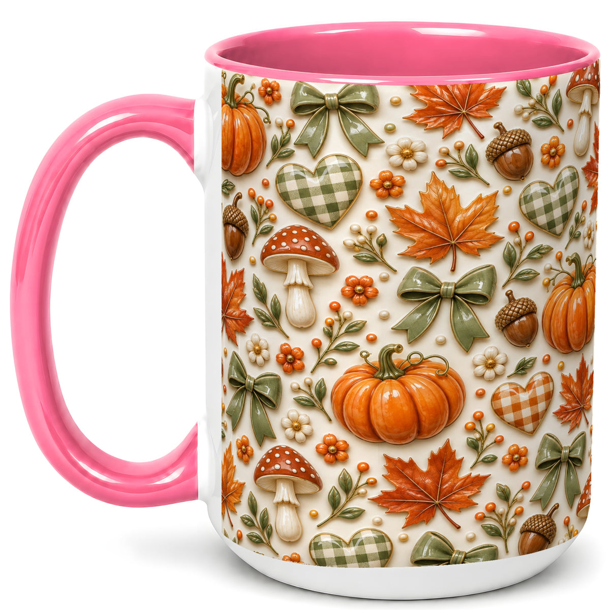 #pl[15oz|Pink] Harvest Pumpkin Coffee Mug, Maple Bow Mug, Ceramic Cup