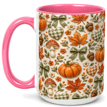 #pl[15oz|Pink] Harvest Pumpkin Coffee Mug, Maple Bow Mug, Ceramic Cup