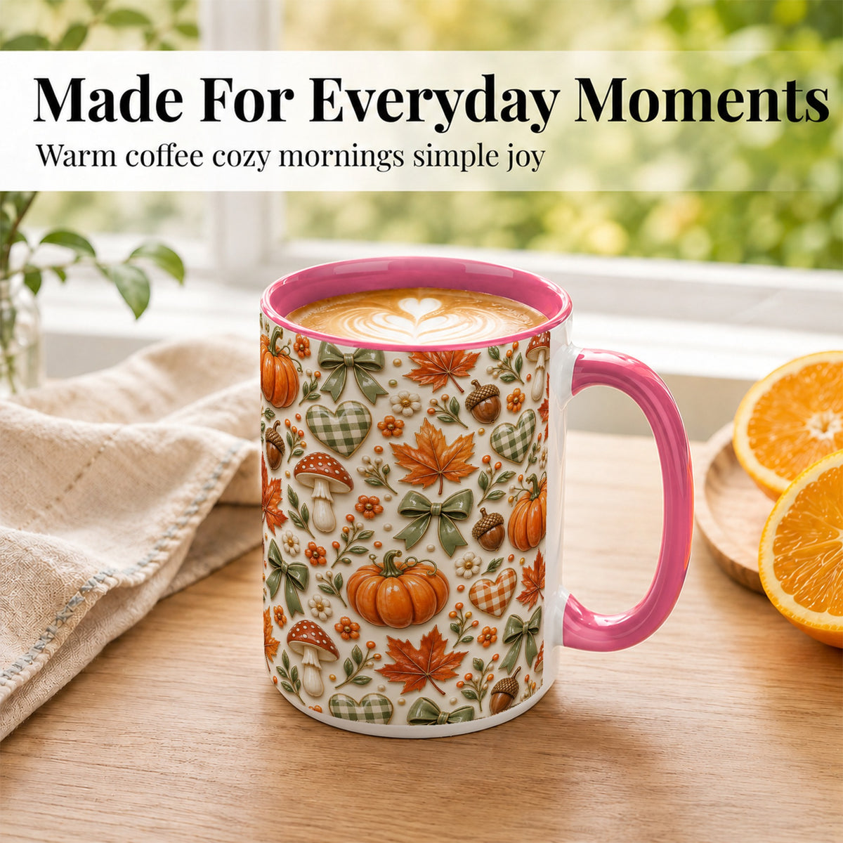 #pl[15oz|Pink] Harvest Pumpkin Coffee Mug, Maple Bow Mug, Ceramic Cup
