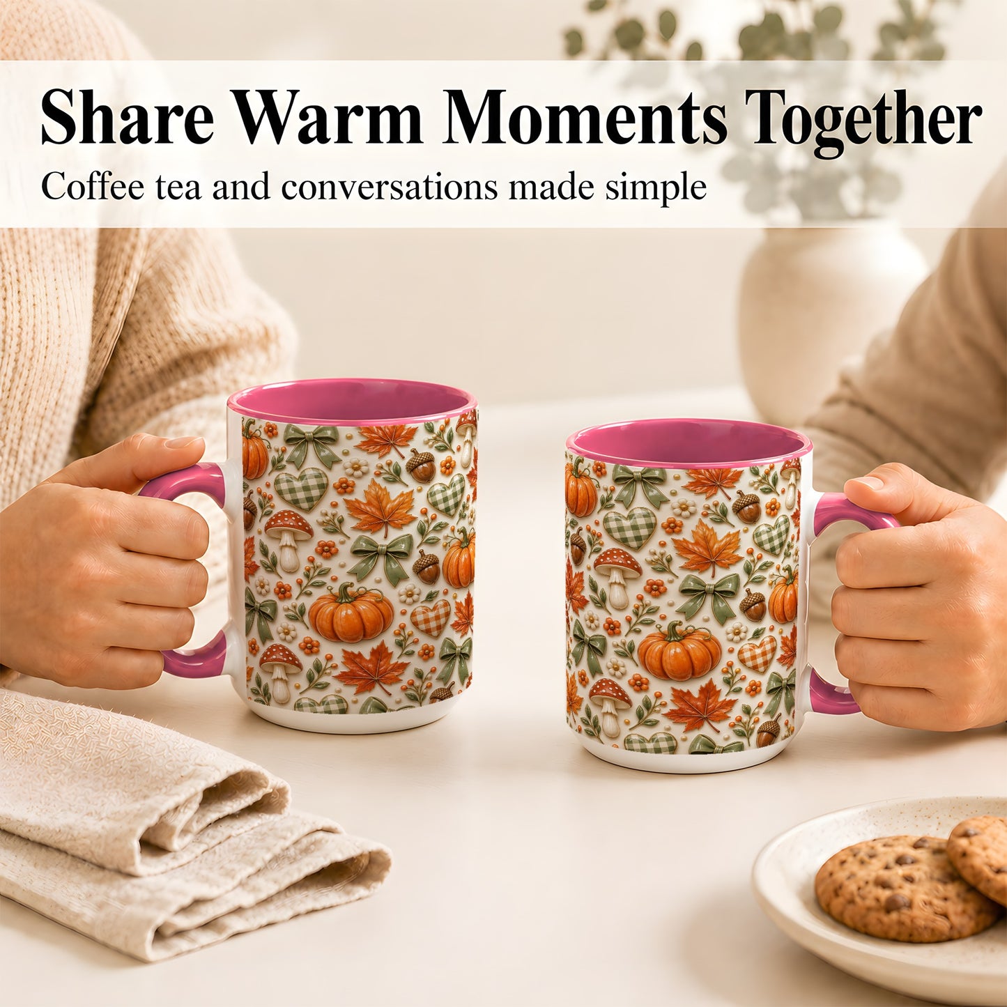 #pl[15oz|Pink] Harvest Pumpkin Coffee Mug, Maple Bow Mug, Ceramic Cup