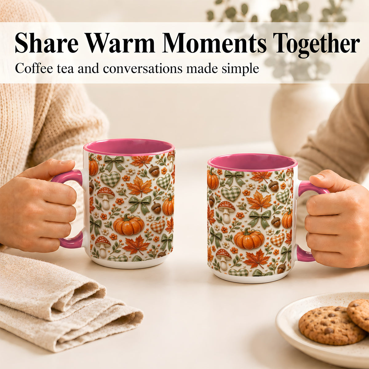 #pl[15oz|Pink] Harvest Pumpkin Coffee Mug, Maple Bow Mug, Ceramic Cup