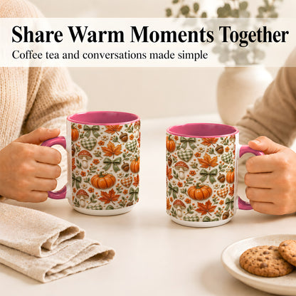 #pl[15oz|Pink] Harvest Pumpkin Coffee Mug, Maple Bow Mug, Ceramic Cup