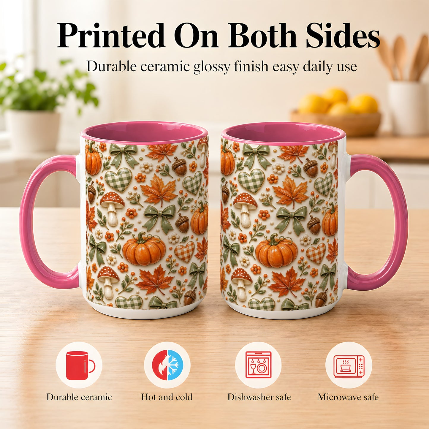 #pl[15oz|Pink] Harvest Pumpkin Coffee Mug, Maple Bow Mug, Ceramic Cup