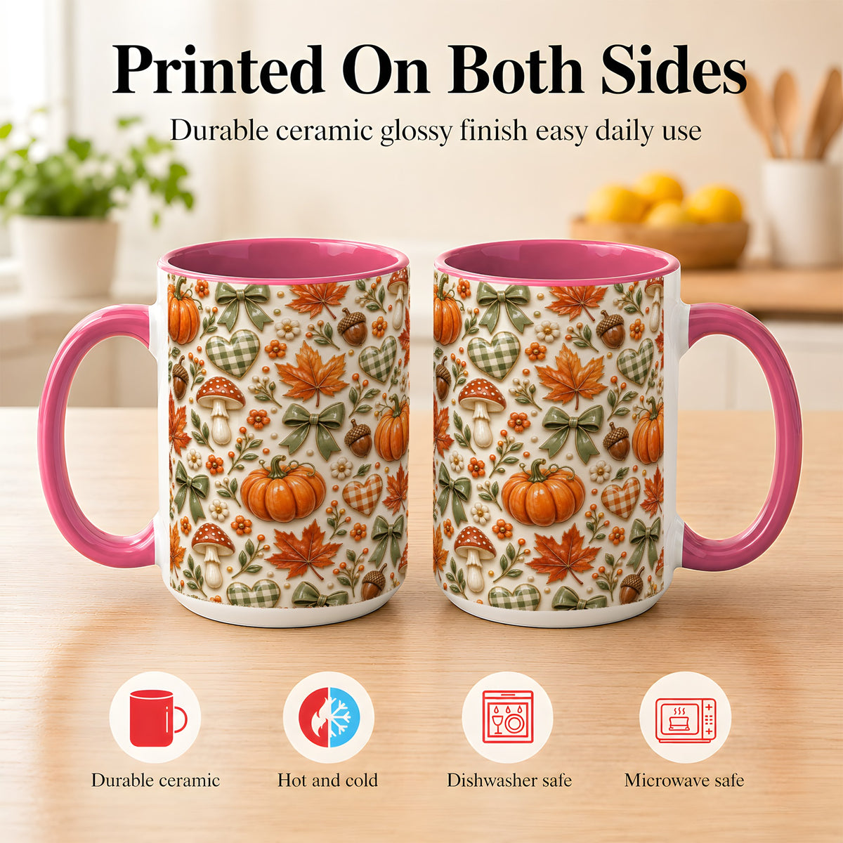 #pl[15oz|Pink] Harvest Pumpkin Coffee Mug, Maple Bow Mug, Ceramic Cup