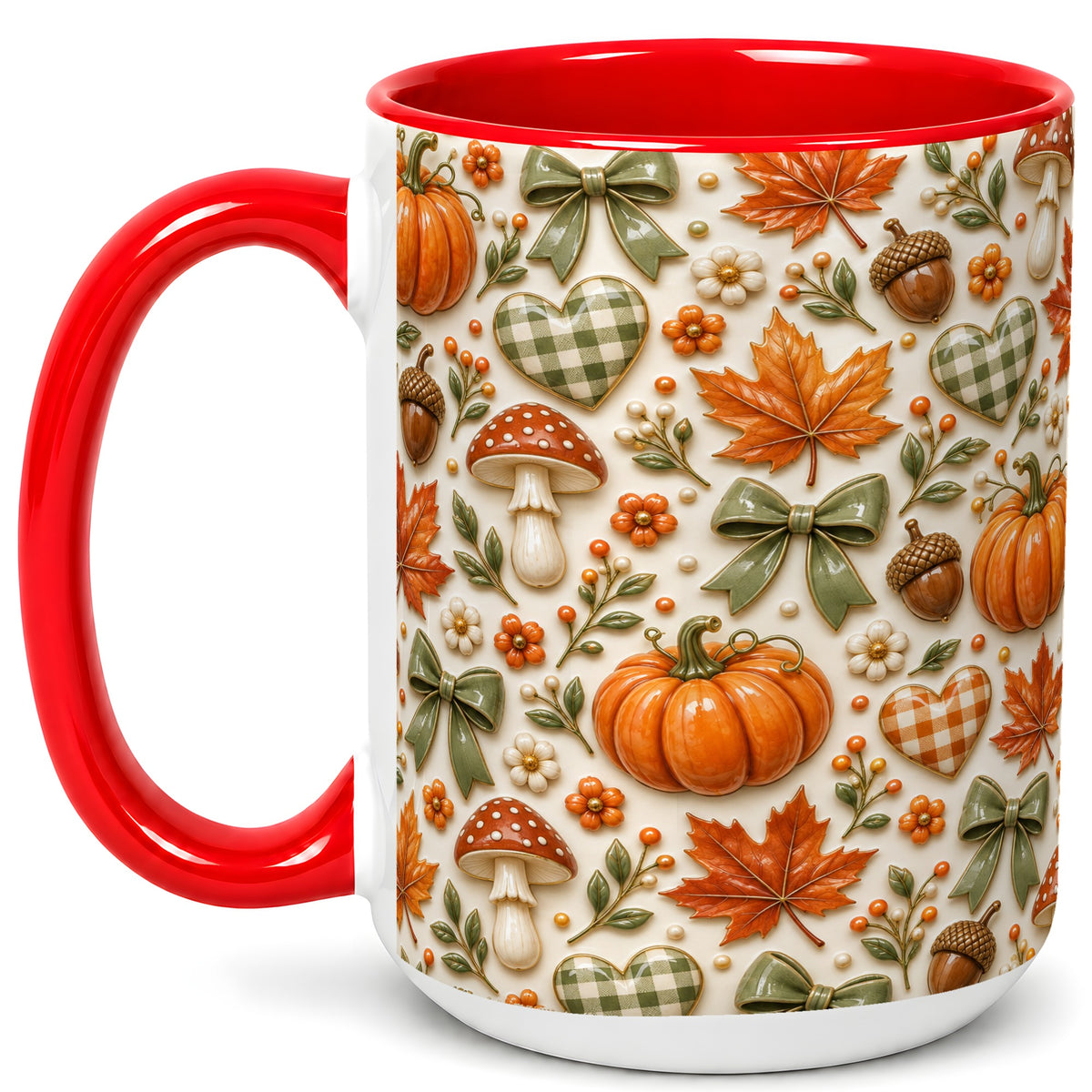 #pl[15oz|Red] Harvest Pumpkin Coffee Mug, Maple Bow Mug, Ceramic Cup