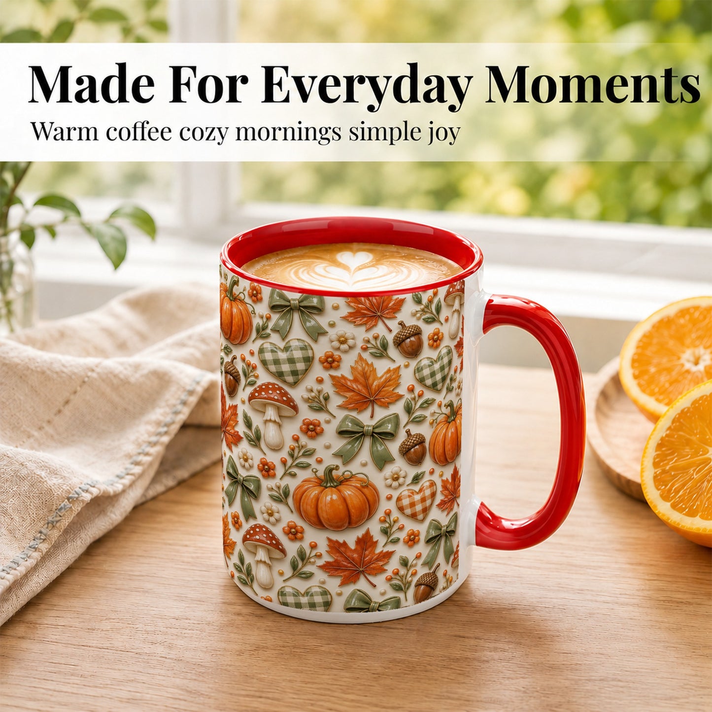 #pl[15oz|Red] Harvest Pumpkin Coffee Mug, Maple Bow Mug, Ceramic Cup