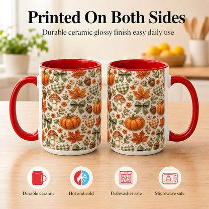 #pl[15oz|Red] Harvest Pumpkin Coffee Mug, Maple Bow Mug, Ceramic Cup