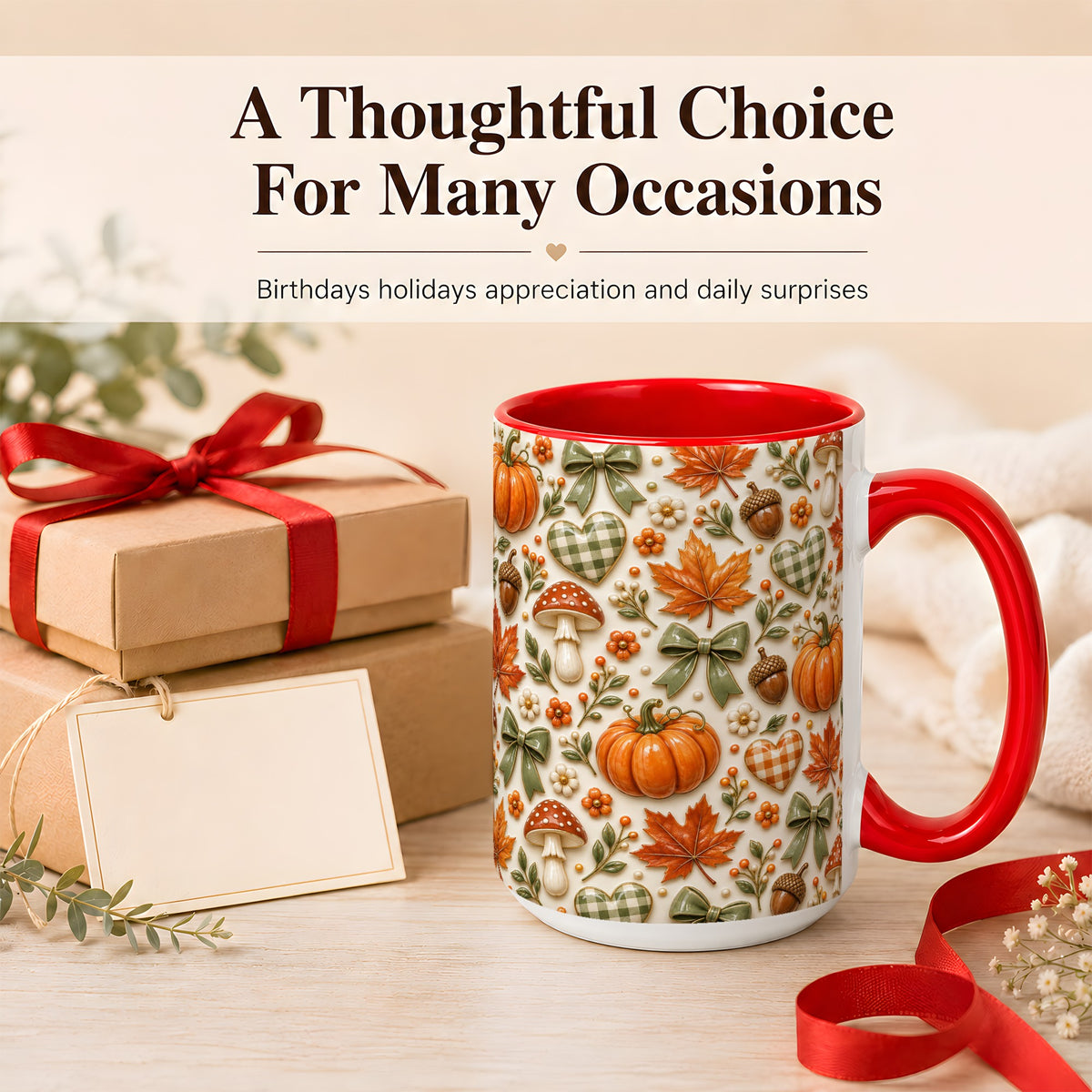 #pl[15oz|Red] Harvest Pumpkin Coffee Mug, Maple Bow Mug, Ceramic Cup