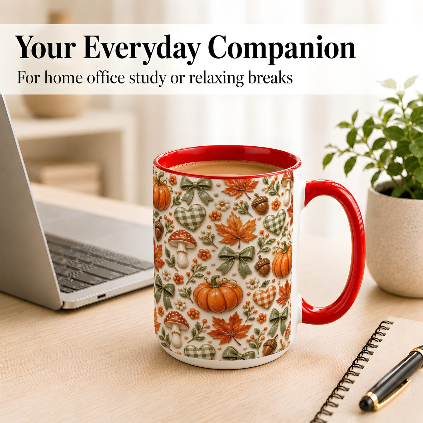#pl[15oz|Red] Harvest Pumpkin Coffee Mug, Maple Bow Mug, Ceramic Cup