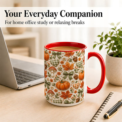 #pl[15oz|Red] Harvest Pumpkin Coffee Mug, Maple Bow Mug, Ceramic Cup
