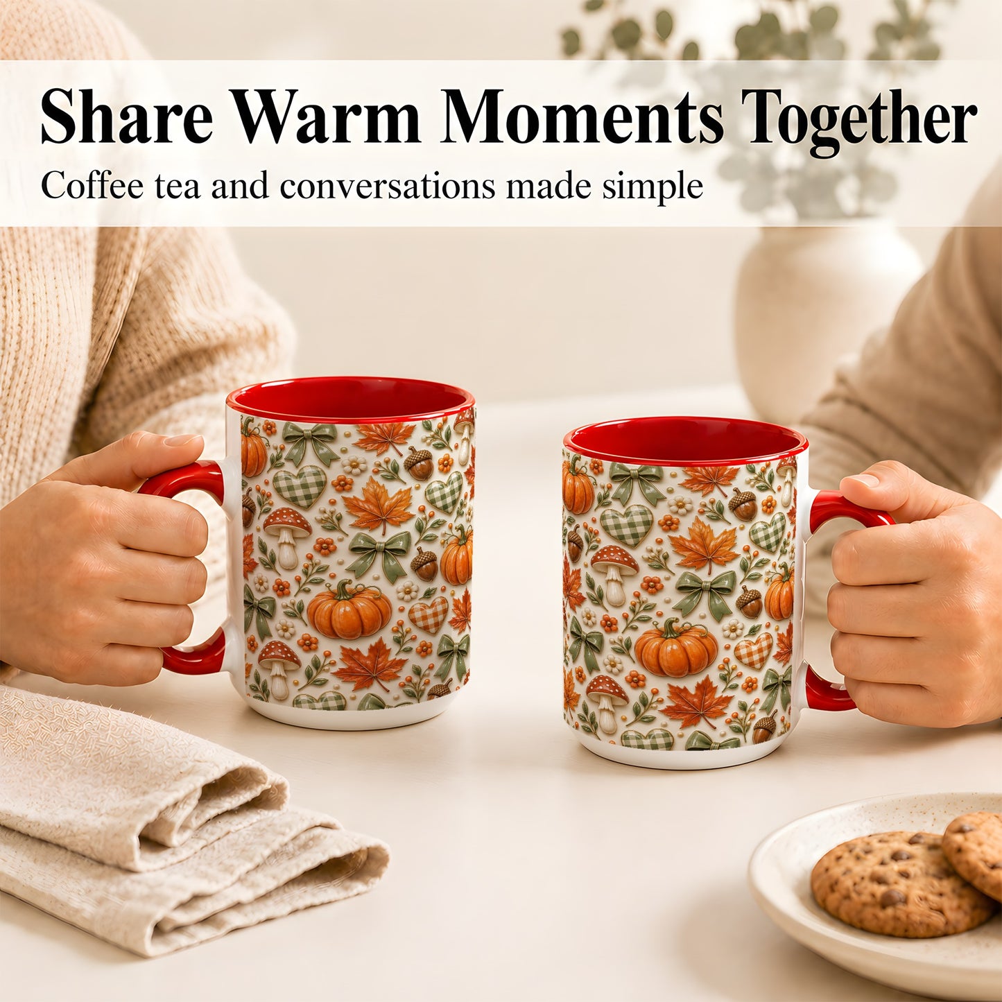 #pl[15oz|Red] Harvest Pumpkin Coffee Mug, Maple Bow Mug, Ceramic Cup