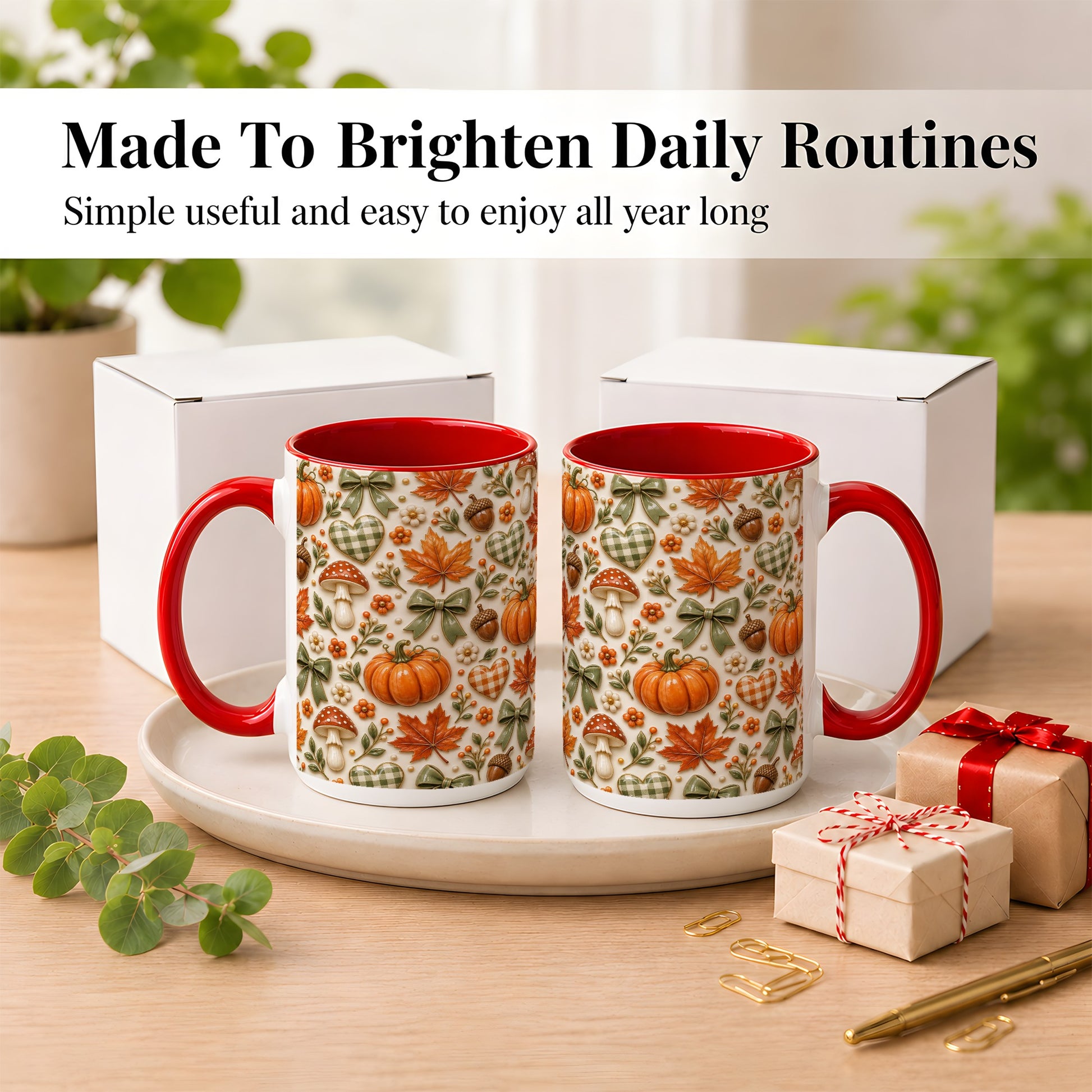 #pl[15oz|Red] Harvest Pumpkin Coffee Mug, Maple Bow Mug, Ceramic Cup