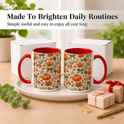 #pl[15oz|Red] Harvest Pumpkin Coffee Mug, Maple Bow Mug, Ceramic Cup