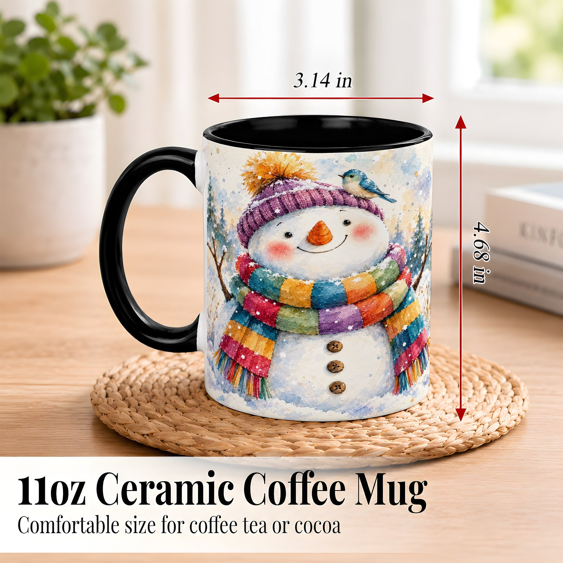 #pl[11oz|Black] Cheerful Snowman Coffee Mug, Winter Bird Mug, Ceramic Cup
