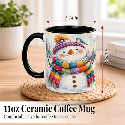 #pl[11oz|Black] Cheerful Snowman Coffee Mug, Winter Bird Mug, Ceramic Cup