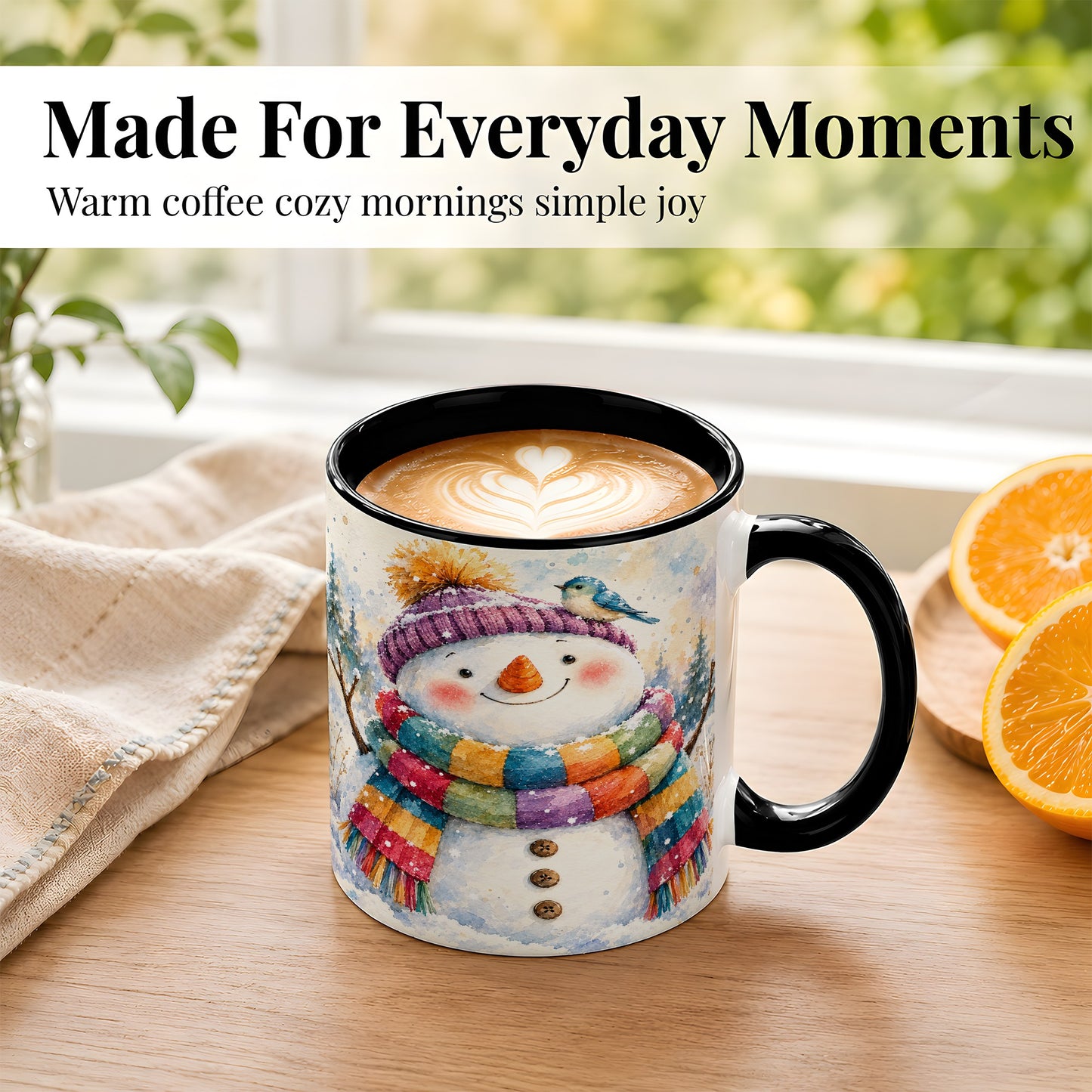 #pl[11oz|Black] Cheerful Snowman Coffee Mug, Winter Bird Mug, Ceramic Cup