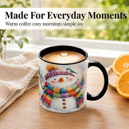 #pl[11oz|Black] Cheerful Snowman Coffee Mug, Winter Bird Mug, Ceramic Cup