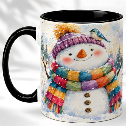 #pl[11oz|Black] Cheerful Snowman Coffee Mug, Winter Bird Mug, Ceramic Cup