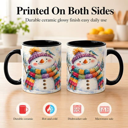 #pl[11oz|Black] Cheerful Snowman Coffee Mug, Winter Bird Mug, Ceramic Cup
