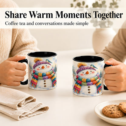 #pl[11oz|Black] Cheerful Snowman Coffee Mug, Winter Bird Mug, Ceramic Cup