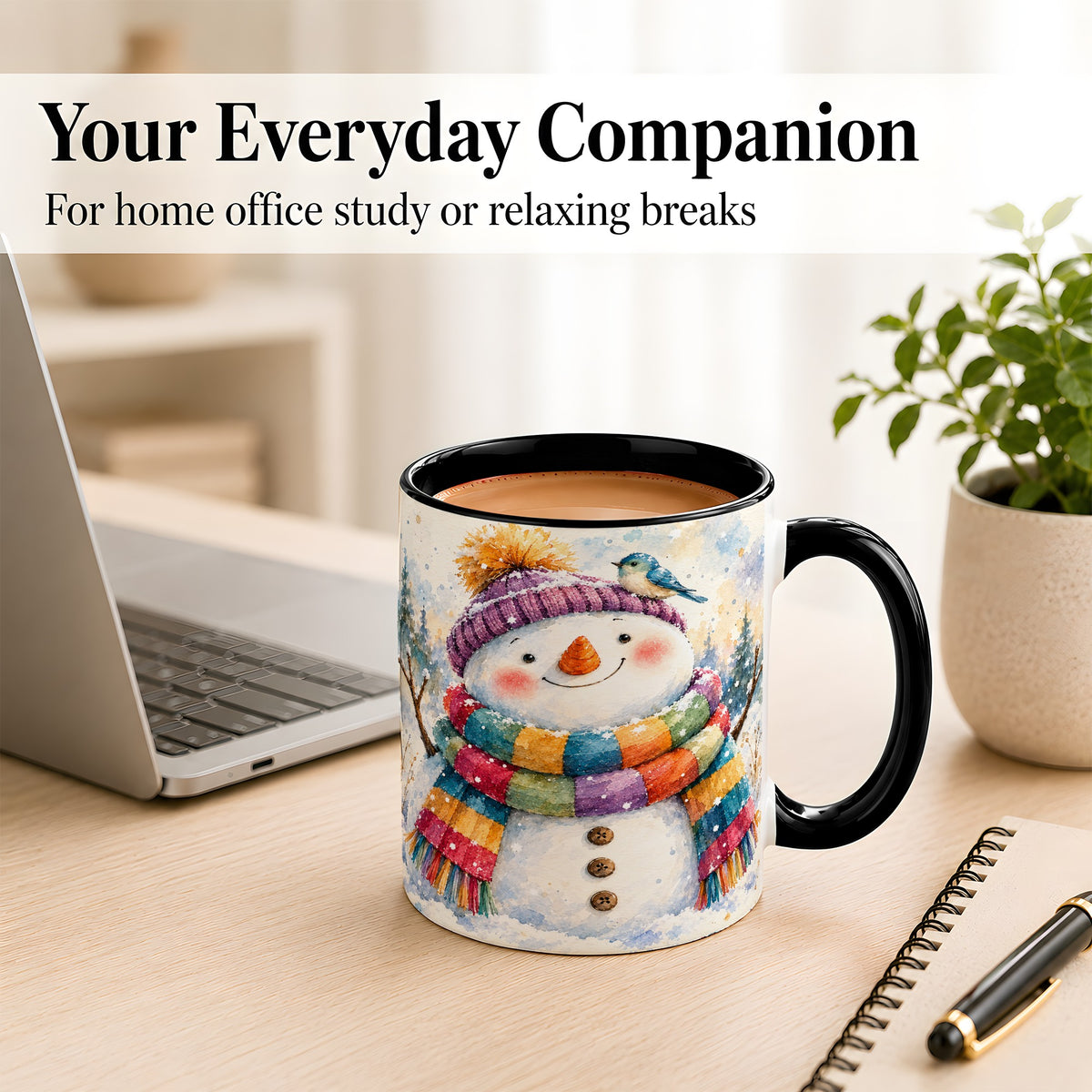 #pl[11oz|Black] Cheerful Snowman Coffee Mug, Winter Bird Mug, Ceramic Cup