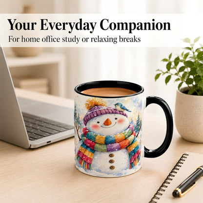 #pl[11oz|Black] Cheerful Snowman Coffee Mug, Winter Bird Mug, Ceramic Cup