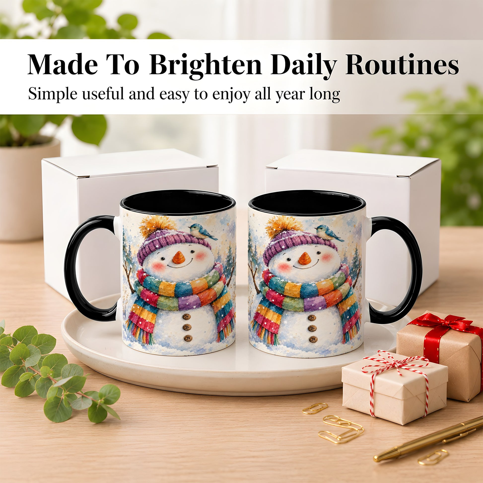 #pl[11oz|Black] Cheerful Snowman Coffee Mug, Winter Bird Mug, Ceramic Cup