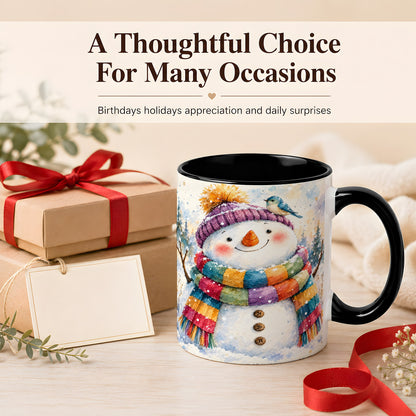 #pl[11oz|Black] Cheerful Snowman Coffee Mug, Winter Bird Mug, Ceramic Cup