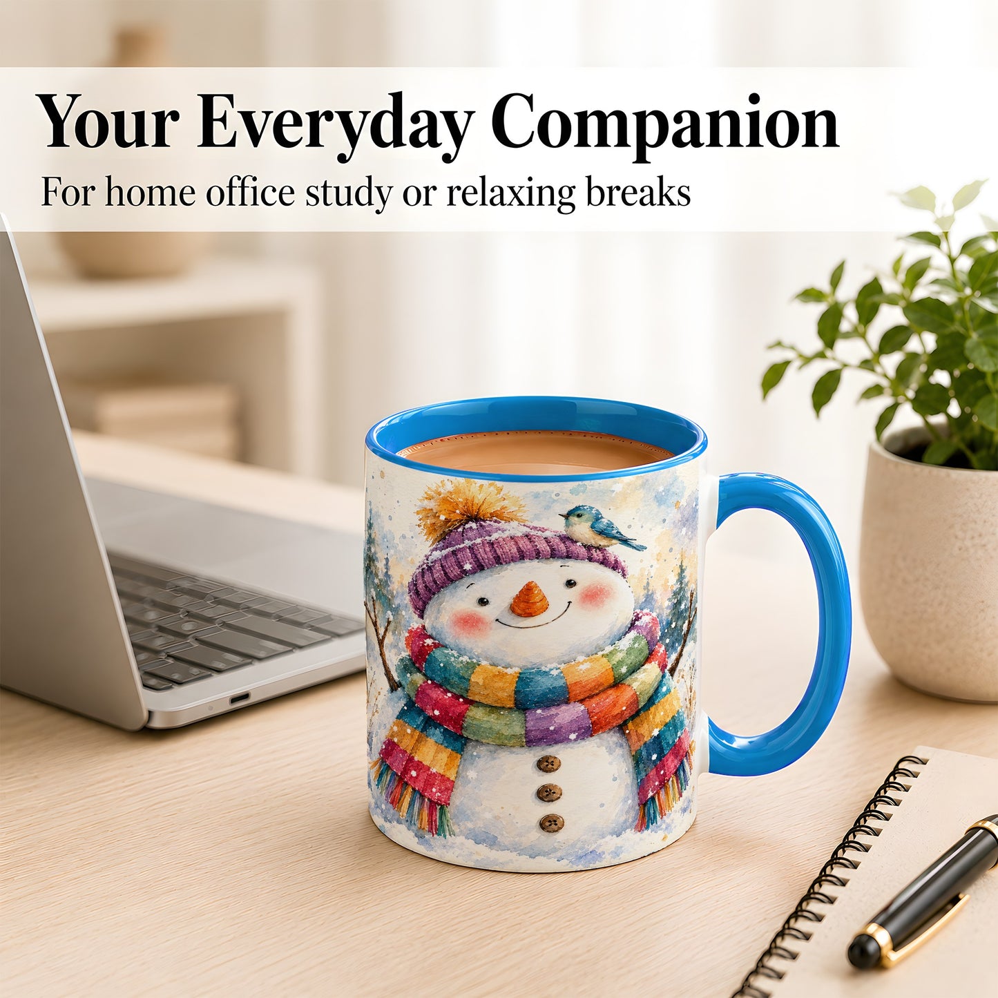#pl[11oz|Blue] Cheerful Snowman Coffee Mug, Winter Bird Mug, Ceramic Cup