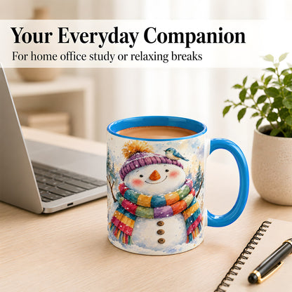 #pl[11oz|Blue] Cheerful Snowman Coffee Mug, Winter Bird Mug, Ceramic Cup