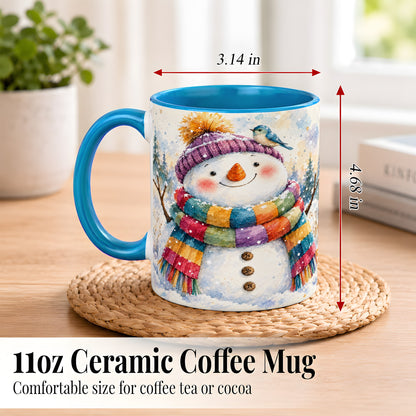 #pl[11oz|Blue] Cheerful Snowman Coffee Mug, Winter Bird Mug, Ceramic Cup