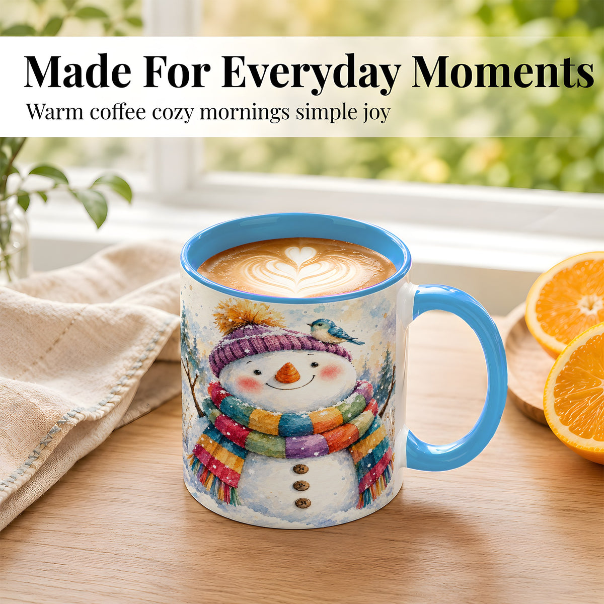 #pl[11oz|Blue] Cheerful Snowman Coffee Mug, Winter Bird Mug, Ceramic Cup