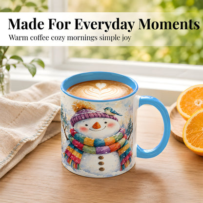 #pl[11oz|Blue] Cheerful Snowman Coffee Mug, Winter Bird Mug, Ceramic Cup