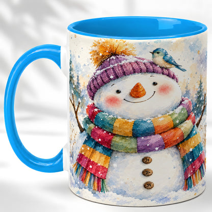 #pl[11oz|Blue] Cheerful Snowman Coffee Mug, Winter Bird Mug, Ceramic Cup