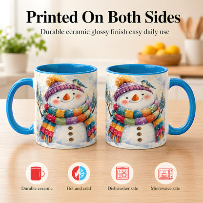 #pl[11oz|Blue] Cheerful Snowman Coffee Mug, Winter Bird Mug, Ceramic Cup